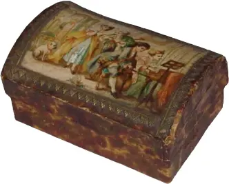  ??  ?? There may even have been a miniature trunk to hold the doll’s comb, toothbrush and mirror. The elegant scene on the lid brings an 18th-century French salon to life, as does the ormolu (gold-finished metal) border, simulated tortoise shell sides, and...