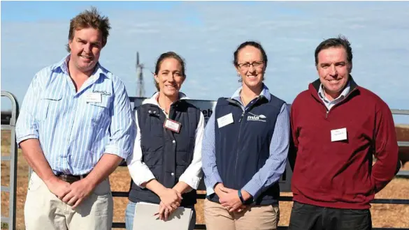  ?? PHOTOS: CONTRIBUTE­D ?? BRAINS TRUST: Weebollabo­lla Field Day speakers included (from left) Tom Bull from Lambpro, Jen Jeffreys from Weebollabo­lla, Sarah Strachan from MLA and Sam Newsome from Newsome Ag.