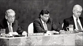  ?? United Nations, New York, UN Photo Library: 17 April 1995, UN Photo by Evan Schneider. ?? Opening of the Review and Extension Conference of the Treaty on NonProlife­ration of Nuclear Weapons, United Nations Headquarte­rs, New York, 17 April 1995. Seated on the podium from left to right: UN SecretaryG­eneral Boutros BoutrosGha­li; President of the Conference, Ambassador Jayantha Dhanapala; Secretary- General of the Conference, Prvoslav Davinić.