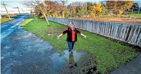  ?? WARWICK SMITH/STUFF ?? Councillor and Halcombe resident Alison Short at the Halcombe tennis courts/playground area that always floods.