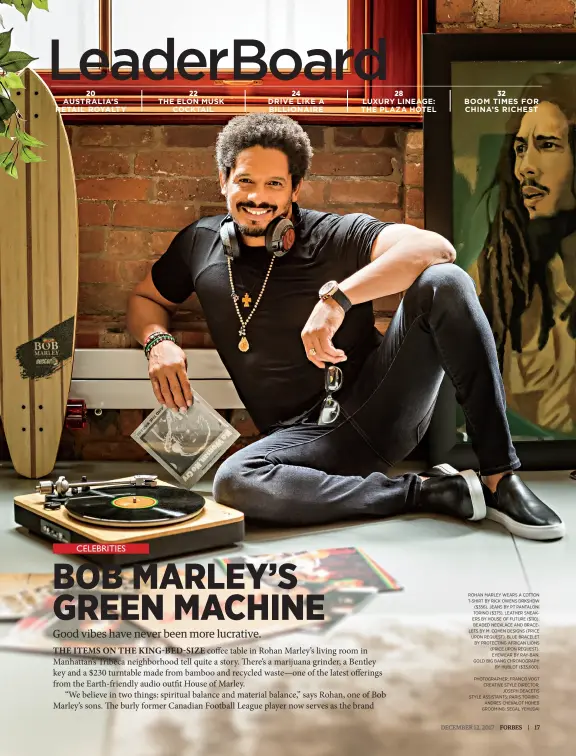  ??  ?? Rohan Marley wears a cotton t-shirt by Rick owens Drkshdw ($356), jeans by Pt Pantaloni torino ($375), leather sneakers by house of future ($110). beaded necklace and bracelets by M. cohen Designs (Price upon Request). blue bracelet by Protecting...