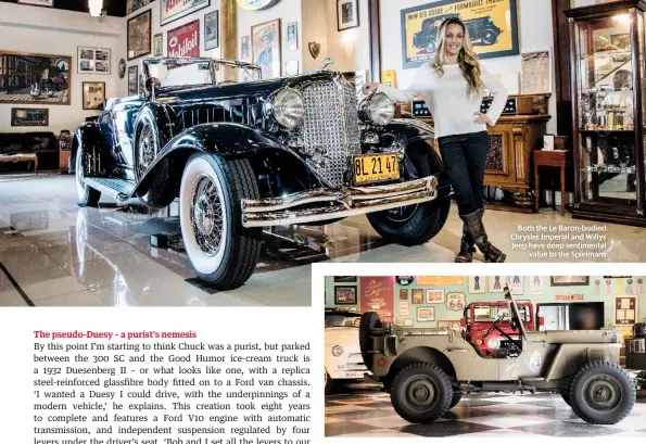  ??  ?? Both the Le Baron-bodied Chrysler Imperial and Willys Jeep have deep sentimenta­l value to the Spielmans