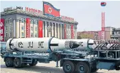  ??  ?? Weapon Pukkuksong-1 submarine-launched ballistic missile Range Estimated 1,500 miles Payload Unknown