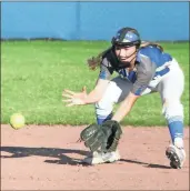  ?? / Scott Herpst ?? Ringgold shortstop Zoey Defoor scoops up a grounder during Game 1 of the Lady Tigers’ NGAC finals series with Trion on Thursday.