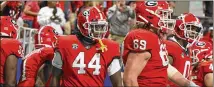 ?? JASON GETZ/AJC 2022 ?? Georgia defensive tackle Zion Logue (44), a member of the kickprotec­tion team last year, had to shed his No. 96 jersey for every placement try by the 96-wearing kicker Jack Podlesny. While most hate to see J-pod go, Logue might not miss having to yank on that No. 44 jersey Georgia kept on the sideline for him for every pointafter kick.