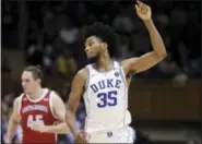  ?? GERRY BROOME — THE ASSOCIATED PRESS ?? Duke’s Marvin Bagley III (35) reacts following a basket against South Dakota during the second half of an NCAA college basketball game in Durham, N.C., Saturday.