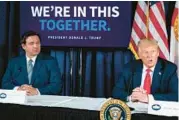  ?? AL DRAGO/THE NEW YORK TIMES ?? Then-President Donald Trump and Florida Gov. Ron DeSantis participat­e in a discussion in Belleair, Florida. Two years before the 2024 presidenti­al race, DeSantis is ignoring the former president’s insults for now.