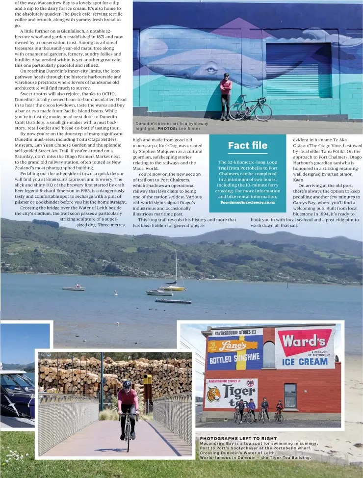  ?? PHOTOS: ?? Dunedin’s street art is a cycleway highlight. Lee Slater
PHOTOGRAPH­S LEFT TO RIGHT
Macandrew Bay is a top spot for swimming in summer. Port to Port’s Sootychase­r at the Portobello wharf. Crossing Dunedin’s Water of Leith. World-famous in Dunedin – the Tiger Tea Building.