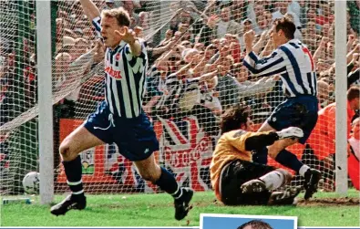  ?? GETTY IMAGES ?? Saviour: Reinelt (inset) scored to save Brighton on the final day of the 1996-97 season (above)