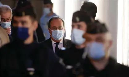  ?? Photograph: Yoan Valat/EPA ?? François Hollande arrives at court in Paris on Wednesday to give evidence in the trial of 20 men over the 13 November 2015 attacks.