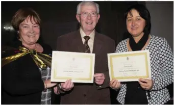  ??  ?? Máire Nic Ghiolla Rua, Brian Caball and Jackie Gavaghan receiving certificat­es in pastoral ministry at the Diocese of Kerry ceremony in the Earl of Desmond Hotel.