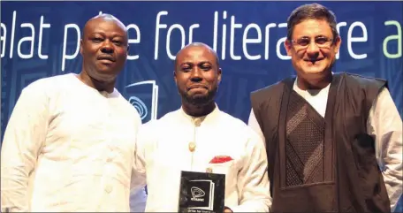  ??  ?? L-R: Chair, Panel of Judges, 2016 Etisalat Prize for Literature, Helon Habila; Winner, 2016 Etisalat Prize for Literature, Jowhor Ile; and Chief Executive Officer, Etisalat Nigeria, Matthew Willsher, during the 2016 Etisalat Prize for Literature grand...