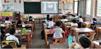  ??  ?? Pupils take the Yakult interactiv­e virtual factory tour from their classroom.