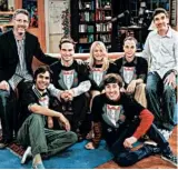  ?? SONJA FLEMMING/CBS ?? Showrunner Bill Prady, from left, actors Kunal Nayyar, Johnny Galecki, Kaley Cuoco, Simon Helberg, Jim Parsons and series creator Chuck Lorre gather on the set of CBS’ “The Big Bang Theory,” which is filming its final season at Stage 25 on the Warner Bros. production lot.