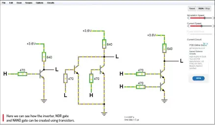  ??  ?? Here we can see how the inverter, NOR gate and NAND gate can be created using transistor­s.