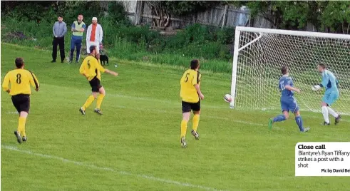  ??  ?? Close call Blantyre’s Ryan Tiffany strikes a post with a shot Pic by David Bell)