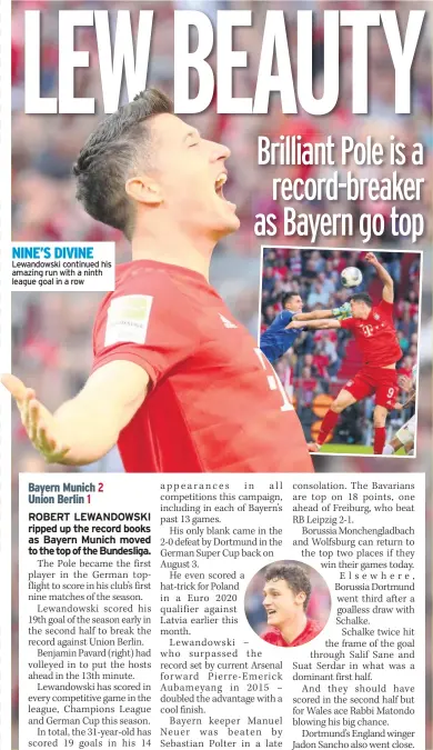  ??  ?? NINE’S DIVINE Lewandowsk­i continued his amazing run with a ninth league goal in a row