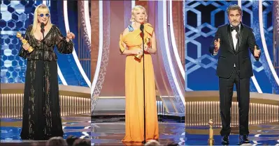  ?? PAUL DRINKWATER/NBC ?? From left, Patricia Arquette, Michelle Williams and Joaquin Phoenix make passionate speeches while accepting their awards at the 77th Annual Golden Globe Awards in Beverly Hills, Calif., on Jan. 5.