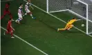  ?? Images ?? Lucas Hradecky is unable to prevent the ball crossing the line after hitting the bar and rebounding off him. Photograph: Anton Vaganov/AFP/Getty