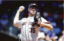  ?? Al Bello / Getty Images ?? Houston’s Justin Verlander pitched eight shutout innings to become the first 10-game winner in the majors this season.