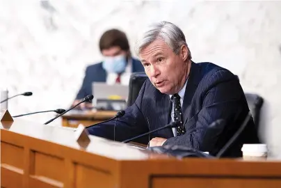  ?? The Associated Press ?? Sen. Sheldon Whitehouse, D-R.I., speaks as FBI Director Christophe­r Wray testifies before the Senate Judiciary Committee on Tuesday on Capitol Hill in Washington.