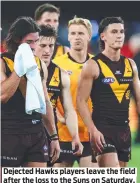  ?? ?? Dejected Hawks players leave the field after the loss to the Suns on Saturday. Picture: Getty Images