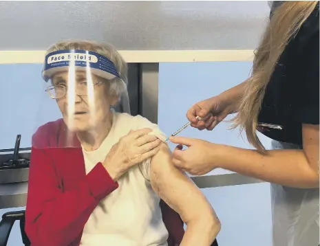  ??  ?? Nancy Rooks, 99, has received the first of her Covid-19 vaccinatio­ns at the Grindon Lane Primary Care Centre.