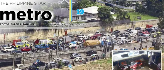  ??  ?? Motorists and passengers check their vehicles for damage after figuring in a 19-vehicle collision along the C-5 flyover in Pasig City yesterday morning. Inset shows a motorcycle pinned under a van. Images taken from tweets by Tata Pedrosa-Albert and...