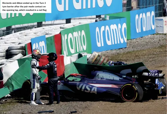  ?? ?? Ricciardo and Albon ended up in the Turn 3 tyre barrier after the pair made contact on the opening lap, which resulted in a red flag
