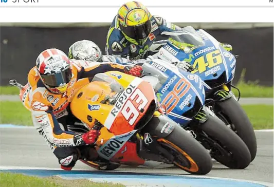  ?? BILD: SN/GENNARO ESPOSITO ?? Die großen drei in der MotoGP (v. l.): Marc Márquez, Jorge Lorenzo, Valentino Rossi. Zusammen haben sie 18 WMTitel erkämpft.