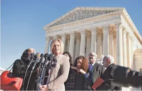  ?? MATTHEW SOBOCINSKI/USA TODAY ?? Kendra Espinoza, lead plaintiff in the Supreme Court case challengin­g state bans on funding religious schools, addresses the media following oral arguments in her case.