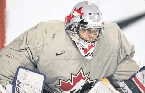  ?? CP PHOTO ?? Canada goaltender Michael DiPietro, a Vancouver Canucks draft pick, is seen during practice at the Sandman Centre in Kamloops, B.C., on July 30.