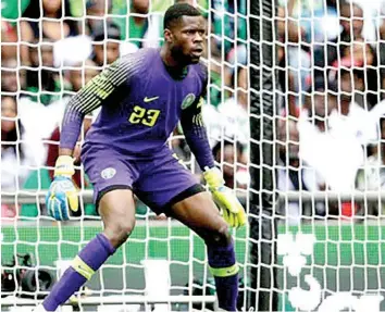  ??  ?? Injured Super Eagles’ Goalkeeper, Francis Uzoho will miss Nigeria’s matches against South Africa and Uganda. PHOTO: AFP