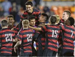  ??  ?? Stanford (top) and Wake Forest (left) got the party started Friday night with hard-fought victories in the NCAA College Cup semifinals, and their players hope they are the ones celebratin­g after Sunday’s final.