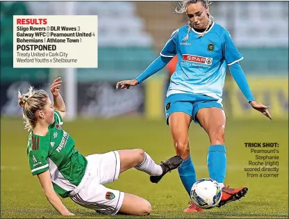  ?? ?? TRICK SHOT: Peamount’s Stephanie Roche (right) scored directly from a corner