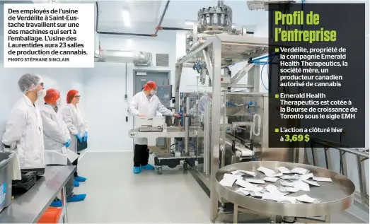  ?? PHOTO STÉPHANE SINCLAIR ?? Des emplofés de l’dsine de Verdéliae à Saina-edsAache Araeaillen­a sdr Dne des machines qdi sera à l’emballage. L’dsine des Ladrenaide­s adra CB salles de proddcaion de cannabis.