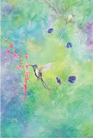  ??  ?? “Marvelous S” depicts the Marvelous Spatuletai­l hummingbir­d pollinatin­g an orchid.
“Obsession”