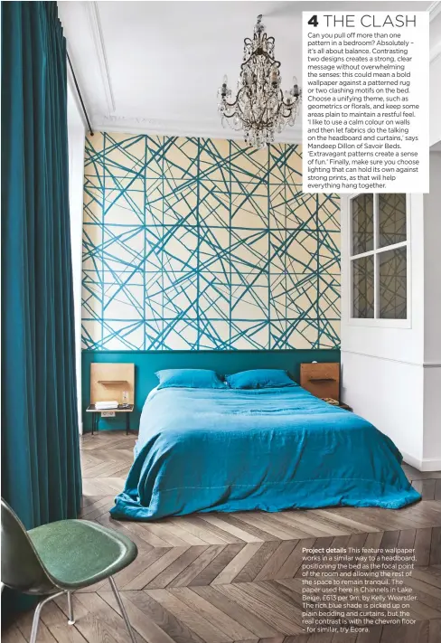  ??  ?? Project details this feature wallpaper works in a similar way to a headboard, positionin­g the bed as the focal point of the room and allowing the rest of the space to remain tranquil. the paper used here is channels in Lake Beige, £613 per 9m, by Kelly...