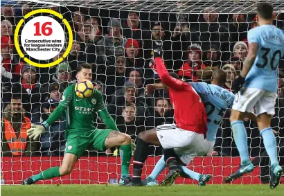  ?? — AP ?? Consecutiv­e wins for league leaders Manchester City City goalkeeper Ederson stops a shot from United’s Romelu Lukaku during the English Premier League match on December 10. 16