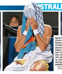  ?? GETTY IMAGES/ SHUTTERSTO­CK ?? Body blow: (from left) Raducanu is treated by a doctor and hides under her towel, into which she appears to vomit during a painful loss
