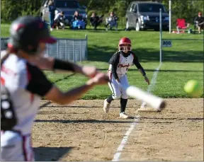  ?? STEVE HARE — FOR THE NEWS-HERALD ?? Lindsey Leggett of Chardon rips a fourth-inning double to bring home Sidney Nagaj (on third base) and Grace Legan during the Hilltopper­s 7-0sectional final win over Twinsburg on May 12.