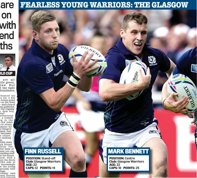  ??  ?? FEARLESS YOUNG WARRIORS: THE GLASGOW
MARK BENNETT
POSITION: Centre Club: Glasgow Warriors AGE: 22
CAPS: 10 POINTS: 25
FINN RUSSELL
POSITION: Stand-off Club: Glasgow Warriors AGE: 22
CAPS: 12 POINTS: 14