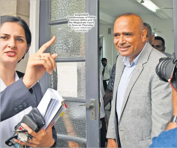  ?? Picture: JONACANI LALAKOBAU ?? Suspended Commission­er of Police Sitiveni Qiliho exit the Magistrate Court in Suva on Thursday.