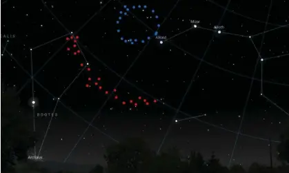  ?? Photograph: Stellarium/University of Central Lancashire/PA ?? Artistic impression of what the Big Ring (shown in blue) and Giant Arc (shown in red) would look like in the sky if you could see them.