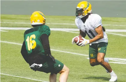  ?? DAVID BLOOM FILES ?? Shai Ross, right, seen here at Elks training camp in July, says his hard work in the extra-long off-season has paid off.