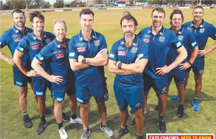  ??  ?? Geelong head coach Chris Scott with his trusted and decorated assistants (from left) Matthew Scarlett, James Rahilly, Matthew Knights, Nigel Lappin, Corey Enright, Shane O’Bree and Shaun Grigg. Picture: MICHAEL KLEIN