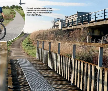  ??  ?? Council walking and cycling co-ordinator Braden Prideaux on the Taylor River reserve’s shared pathway.
The off-road diversion at State Highway 6’s Fairhall Diversion bridge was proposed to be part of a $9 million link between Blenheim and Renwick, which was later shelved.