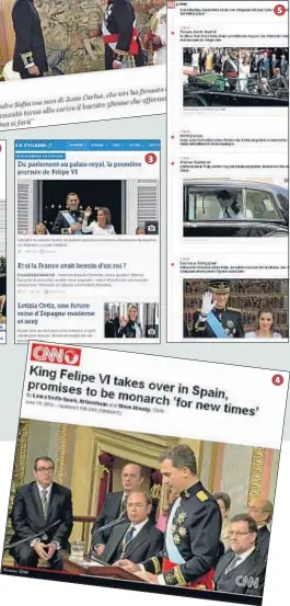  ??  ?? A TOT EL MÓN. Edicions digitals 1 La Re
pubblica , 2 Daily Mail, 3 Le Figaro , 4 CNN, i un seguiment en viu de la cerimònia el 5 Bild. Tots aquests mitjans de comunicaci­ó van coincidir a destacar el missatge de “renovació” i “unitat” d’un monarca,...