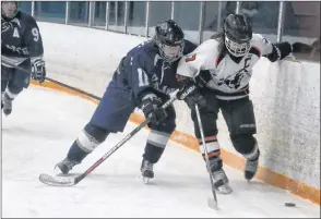  ?? CAROLE MORRIS-UNDERHILL ?? Megan McCarthy gives Parkview’s captain a little nudge as they battle for control of the puck March 2.