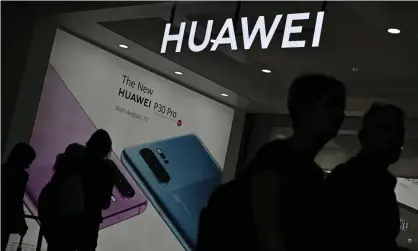  ??  ?? Huawei promoting one of its smartphone­s at an electronic­s and innovation fair in Berlin. Photograph: Tobias Schwarz/AFP via Getty Images